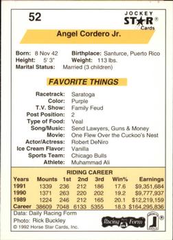 1992 Jockey Star #52 Angel Cordero Jr. Back